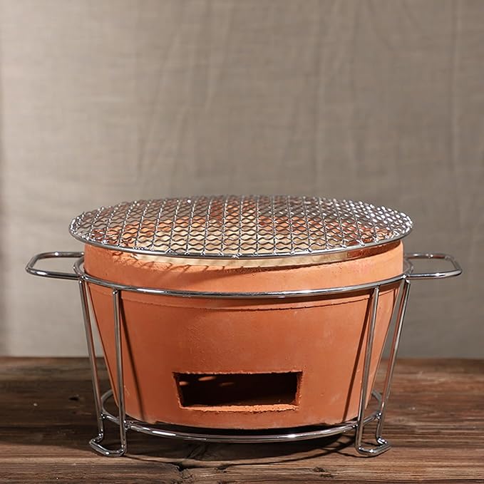 Clay Charcoal Stove, Multifunctional Pottery Barbecue Stove, Portable Ceramic Grill, Tabletop BBQ Grill for Home, Picnic, Camping, Tea Making and Outdoor Cooking(11.5x6in 29x16cm)