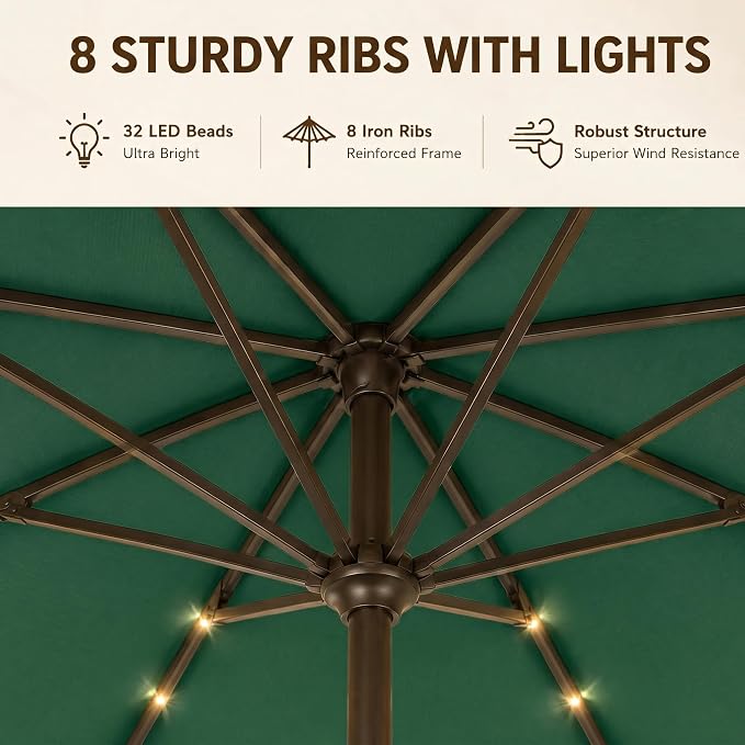 11FT Solar Lighted Patio Umbrella, Outdoor Table Market Umbrellas with Crank Lift, 32 LED Lights, 8 Sturdy Ribs, UV-Resistant for Deck, Garden, Pool