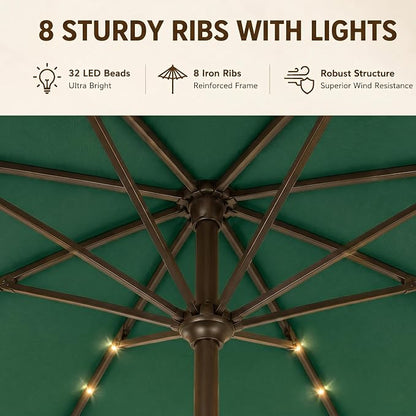 11FT Solar Lighted Patio Umbrella, Outdoor Table Market Umbrellas with Crank Lift, 32 LED Lights, 8 Sturdy Ribs, UV-Resistant for Deck, Garden, Pool