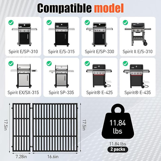 17.5" Grill Grates for Weber Spirit 300/400 & GS4 Spirit II 300 Series, Spirit E/S-310 E/S-320 E/S-330 E425 E435, Genesis Silver/Gold B & C, Spirit 700,Cast Iron Grill Parts for Weber Spirit 7638 7639