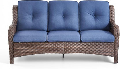 Rilyson Outdoor Patio Wicker Sofa, 900Lbs Weight Capacity Large 3 Seater Wicker Patio Couch with 4in Seat Cushions and Deep Seating, All Weather for Backyard, Garden, Poolside (Brown/Blue)