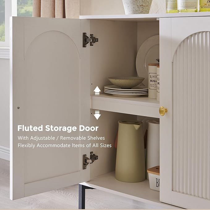 IFBUY Modern Sideboard Buffet Cabinet, 61.75" W Fluted Arched Buffet Cabinet with Storage and Adjustable Shelves, Wooden Modular Coffee Bar Cabinets for Kitchen, entryway, White.