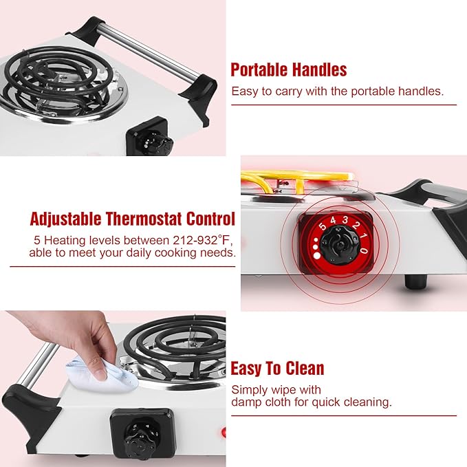 2000W Hot Plate,Portable Electric Stove Countertop Double Coil Burners W/5 Level Temperature Control & Stay Cool Handles, Easy to Clean, Lightweight Cast Iron Electric Stove for RV/Home/Camp 110V