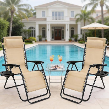 NEWBULIG Zero Gravity Chairs Set of 2, Folding Lounge Chair, Khaki | Portable Lawn Camping Recliner with Adjustable Pollow, Mesh Back, Cup Holder Trays for Pool Beach Patio