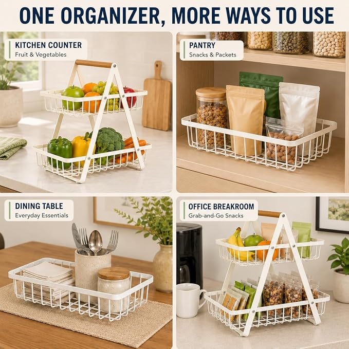 mahueeol 2-Tier Countertop Fruit Basket with Wooden Handle, Detachable | Detachable metal baskets with wooden handle for fruits, vegetables, bread and snacks in kitchens, pantries or dining rooms