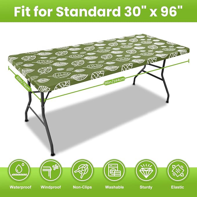 Smiry Spandex Fitted Tablecloth for 8 Foot Rectangle Tables, Washable Picnic Table Cover with Elastic, Stretch Reusable Table Cloth for Outdoor, Camping, Dining & Kitchen (Line Leaf, 30"x96")