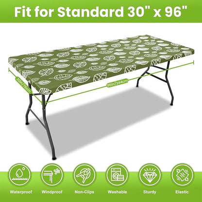 Smiry Spandex Fitted Tablecloth for 8 Foot Rectangle Tables, Washable Picnic Table Cover with Elastic, Stretch Reusable Table Cloth for Outdoor, Camping, Dining & Kitchen (Line Leaf, 30"x96")