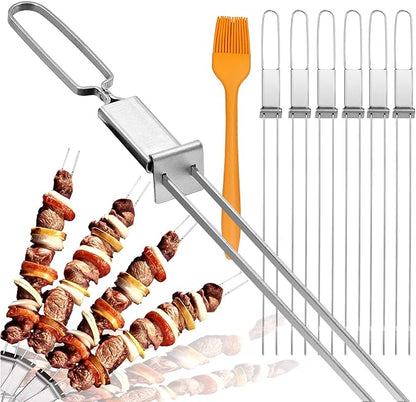 Skewers for Grilling- 17 inch (6 Pack) Double Pronged Flat Stainless Steel BBQ Skewer with Push Bar- Kabob Skewers Skewer Sticks for Camping or family - Reusable, BBQ Accessorie