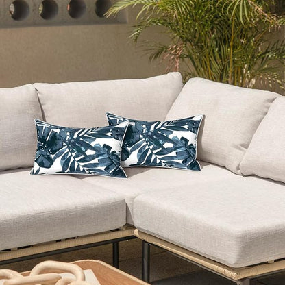 LVTXIII 2 Pack Outdoor Lumbar Pillow Covers 12x20 Inch with Piping, Water-Repellent Back Cushion Covers ONLY for Patio Furniture, Sofa, Garden Bench, Palm Blue