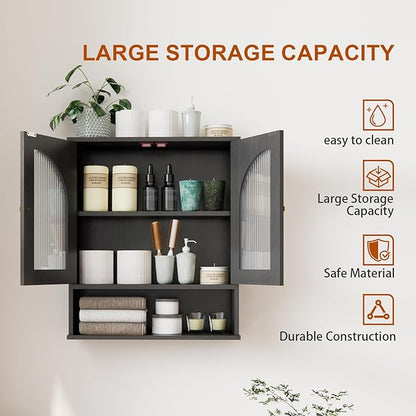 Bathroom Wall Cabinet, Over Toilet Storage Cabinet, Wall Mounted Medicine Cabinet with Arched Glass Doors & Adjustable Shelves, Bathroom Storage Cabinet with Open Storage Shelf, Black