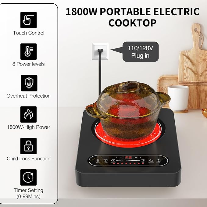 GIHETKUT Single Burner Electric Cooktop,110V 1800W Electric Stove Top with LED Touch Control,10 Power Levels, Timer, Safety Lock,Portable cooktop