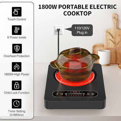 GIHETKUT Single Burner Electric Cooktop,110V 1800W Electric Stove Top with LED Touch Control,10 Power Levels, Timer, Safety Lock,Portable cooktop