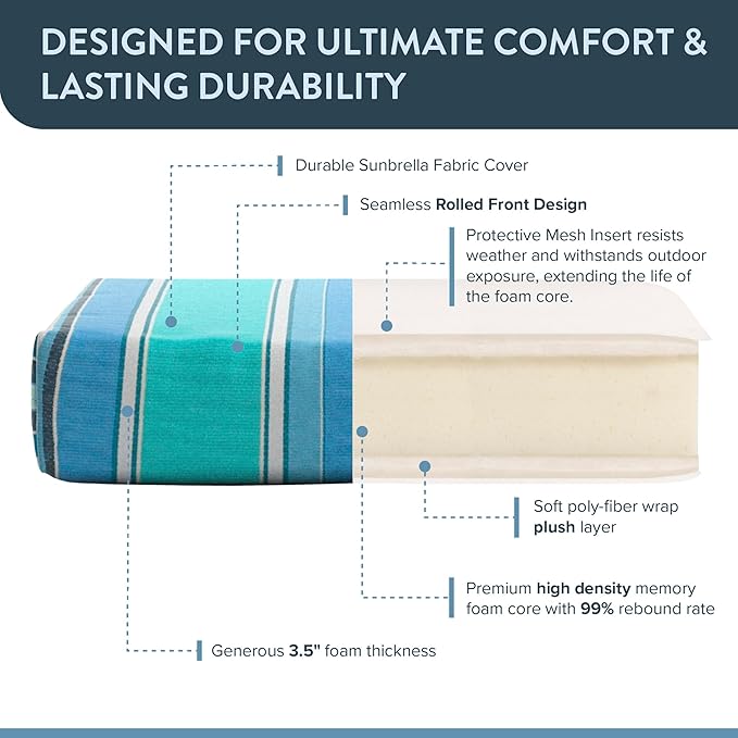 California Umbrella Outdoor Dining Chair, Patio Seat Cushion, 20 x 40 Inch, Premium Outdoor Memory Foam, Fade Resistant Sunbrella Fabric, Fabric Ties,Dolce Oasis