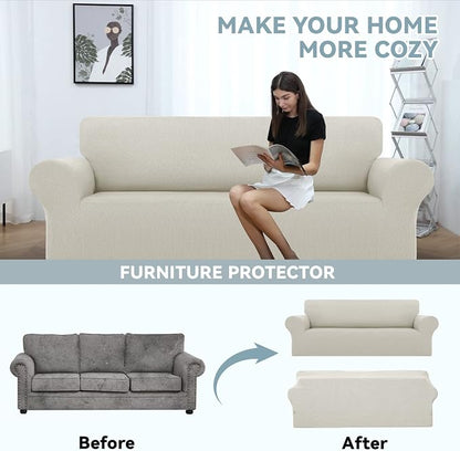 LURKA Stretch Loveseat Couch Cover, 1 Piece 2 Cushion Sofa Slipcover, Ivory | Soft Stretch Jacquard, Fits 55"-78" Loveseats, Elastic Bottom for Secure Fit, Machine Washable, Pet & Kid Friendly