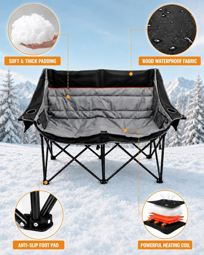 HOPERAN Heated Double Camping Chair, 660lbs 3 Heat Levels Camping Loveseat | 4 Heating Zones, 58" Seat, Padded Camp Couch, 600D Fabric, Cup & Wine Glass Holder, Side & Rear Pocket, Campfire Lawn Patio
