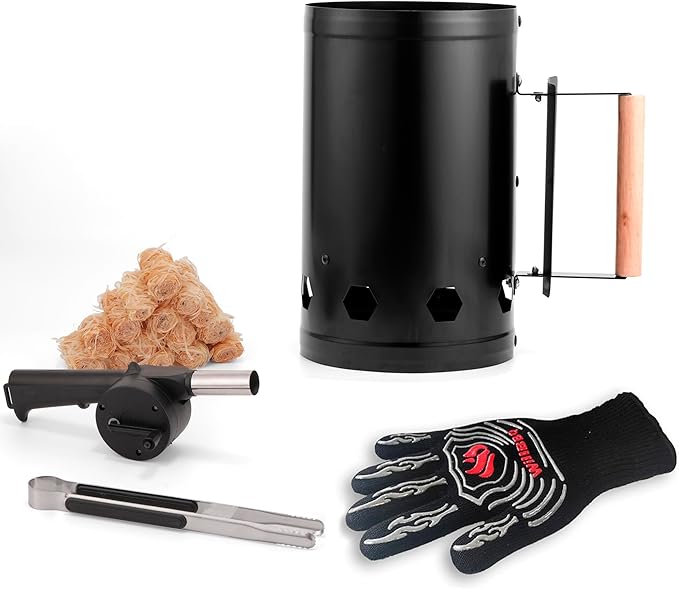 WILLBBQ Charcoal Chimney Starter Great for Fireplace, BBQ, Fire Pits, Barbecues, Chimineas, Campfires, Pizza Ovens - Zinc Steel BBQ Kit, 20 Starters, Heat Resistant Gloves Blower (Bright Black)
