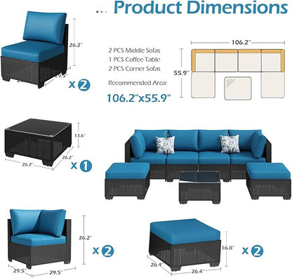 U-MAX 7 Piece Outdoor Patio Furniture Set, PE Rattan Outdoor Wicker Sectional Furniture Chair Set with Cushions and Tea Table, Black Rattan and Peacock Blue Cushion