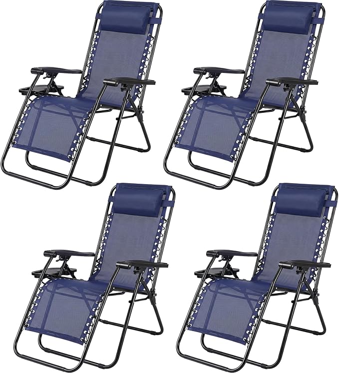 NEWBULIG Zero Gravity Chairs Set of 4, Folding Lounge Chair, Navy Blue | Portable Lawn Camping Recliner with Adjustable Pollow, Mesh Back, Cup Holder Trays for Pool Beach Patio
