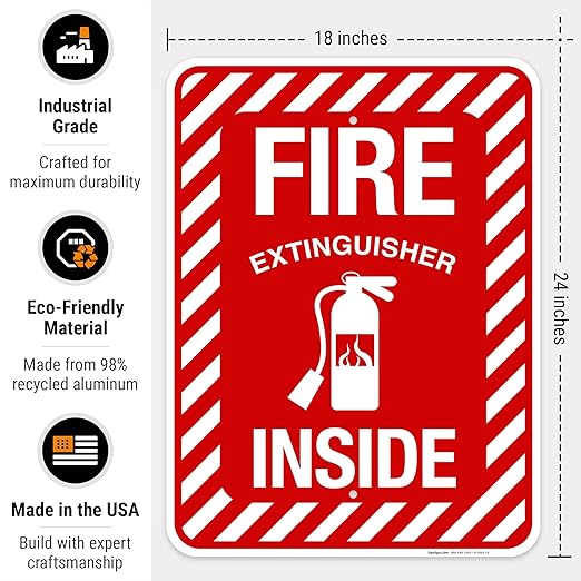 Fire Extinguisher Inside Sign, Fire Safety Sign, 18x24 Inches, Rust Free .063 Aluminum, Fade Resistant, Indoor/Outdoor Use, Made in USA