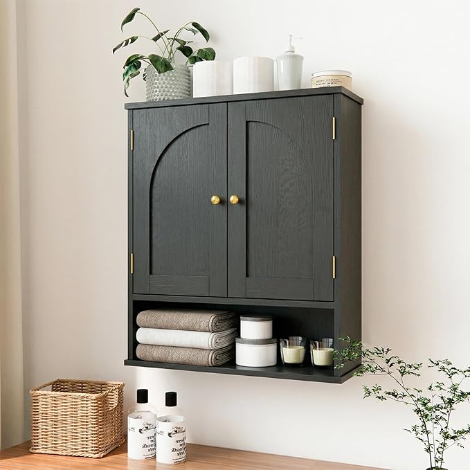Medicine Cabinet, Over Toilet Storage Cabinet, Bathroom Wall Cabinet with Arched Doors & Adjustable Shelves, Wall Mounted Cabinet with Open Shelf for Bathroom Over Toilet Restroom, Black