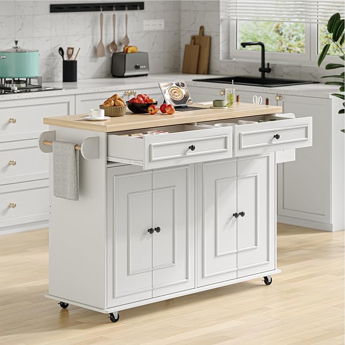 ComfyCorner 58" Rolling Kitchen Island with Storage, Island Table for Kitchen with Power Outlet, Multi-level Kitchen Islands on Wheels, Mobile Bar Cart with Spice Rack, Towel Rack, Knife Holder, White