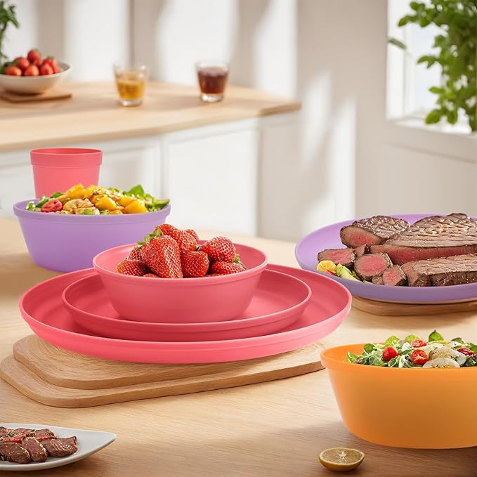40 Piece Plastic Dinnerware Set for 8 with Cutlery, Unbreakable Plates and Bowls Set, Dishwasher & Microwave Safe Reusable Dish Set for Camping, RV, Outdoor Kitchen, Apartment Dining,Sunset Multicolor