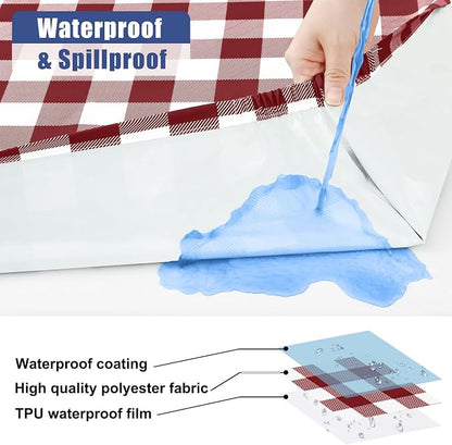 Smiry Picnic Table Cloth 2 Pack, Waterproof Elastic Fitted Tablecloths for 6FT Rectangle Tables, Washable Polyester Buffalo Plaid Tablecloth for Camping & Outdoor (Burgundy & White, 30" x 72")