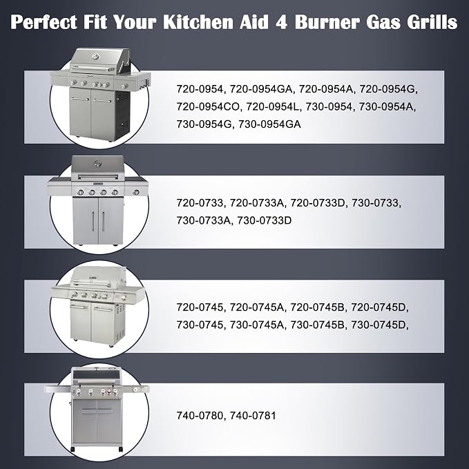 BBQ Grill Parts for Kitchenaid 4 Burner 720-0954, 720-0733, 720-0745, 740-0780, 720-0745B, 720-0733A, 740-0781, Stainless Steel Heat Plate, Burners, Igniter for Kitchen Aid Gas Grill Replacement Parts