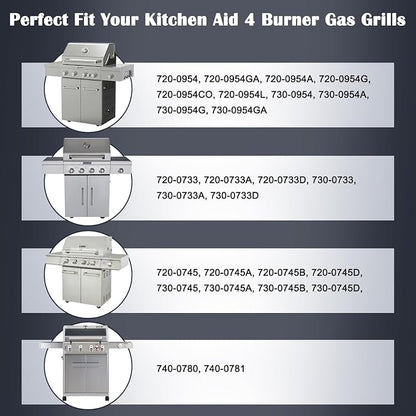 BBQ Grill Parts for Kitchenaid 4 Burner 720-0954, 720-0733, 720-0745, 740-0780, 720-0745B, 720-0733A, 740-0781, Stainless Steel Heat Plate, Burners, Igniter for Kitchen Aid Gas Grill Replacement Parts