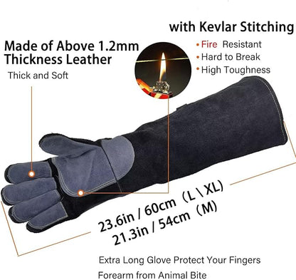 WZQH 23.6 In Leather Welding Gloves for Animal Handling,Grabbing Reptile, Grooming,Trips to Vet,BBQ,Fireplace.Puncture & Scratch Resistant, Bite Proof for Cat Dog Bird Falcon Livestock Snake L Black