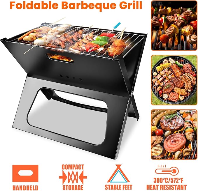 Folding Charcoal Grills, Black Notebook-Style Small Portable BBQ Grill for Outdoor Camping, Picnics, Cooking, Bonfire, Patio, Backyard