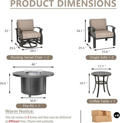 ALAULM Aluminum Patio Furniture Set with Coffee Table Rectangular, 5-seat Outdoor Sectional Furniture w/2 Swivel Chairs, Patio Conversation Set for Porch, Backyard, Sand