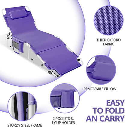 Tanning Chair with Face Hole, Adjustable Folding Chaise Lounge Chairs for Outside with Detachable Pillow & Pocket，Portable flat beach chairs for sunbathing, beach lawns camping (Purple, Oversized)