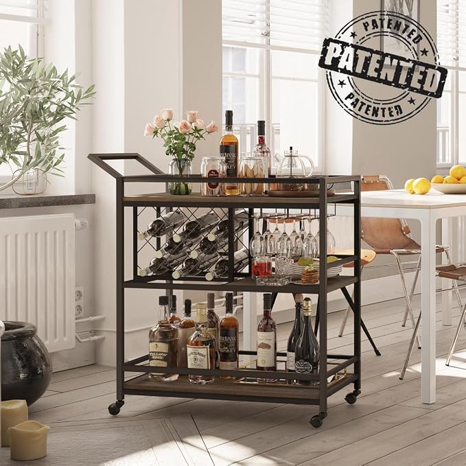 Bar Cart for The Home with Wine Rack and Glasses Holder, Small Home Bar Serving Cart on Wheels for Liquor and Alcohol (Walnut Brown)
