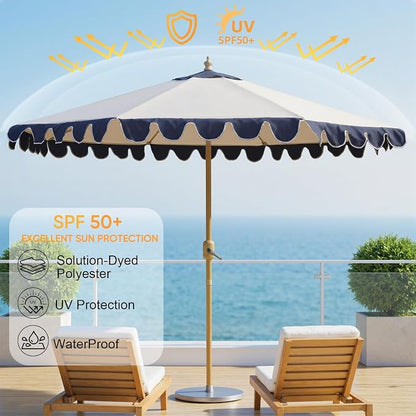 9FT Outdoor Patio Umbrella with Wavy edge,Push-Button Tilt & Easy Crank Lift,Heavy-Duty Metal Frame, 8 Ribs with Ventilated Canopy,UV Protection & Waterproof for Garden,Deck,Pool,Patio Table