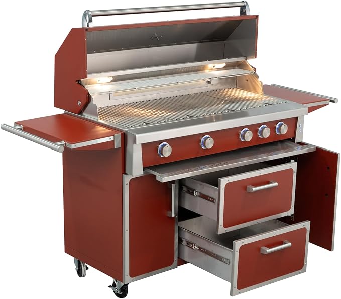 NG 4 Cast Burners Outdoor Kitchen Grill Island, 99,000 BTU, Red Painting
