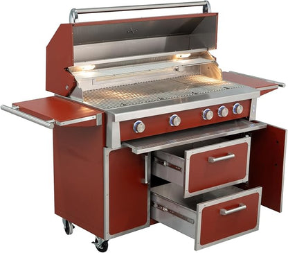NG 4 Cast Burners Outdoor Kitchen Grill Island, 99,000 BTU, Red Painting