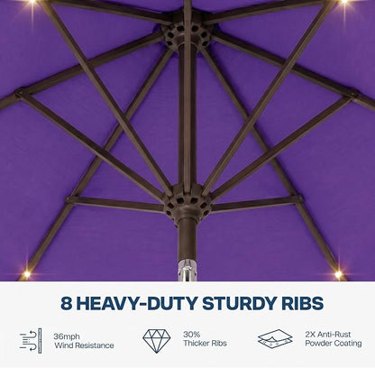 10FT Solar Patio Umbrella with Lights, Outdoor Table Market Umbrella with 32 LED Lights, 8 Sturdy Ribs, Push Button Tilt and Crank for Pool, Deck and Garden, UV-Resistant
