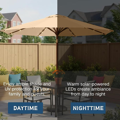 9' Solar LED Patio Umbrella with Tilt & Crank|8 Sturdy Ribs,UV Protection,Outdoor Market Table Umbrella for Deck,Lawn,Pool,Backyard (Khaki)
