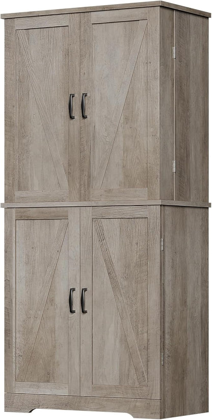 Vongrasig Kitchen Pantry Storage Cabinet with Barn Doors, Drawer and Adjustable Shelves, 6-Tier Tall Rustic Wood Cupboard Locker for Kitchen, Dining Room, Living Room, Bathroom, Rustic Grey