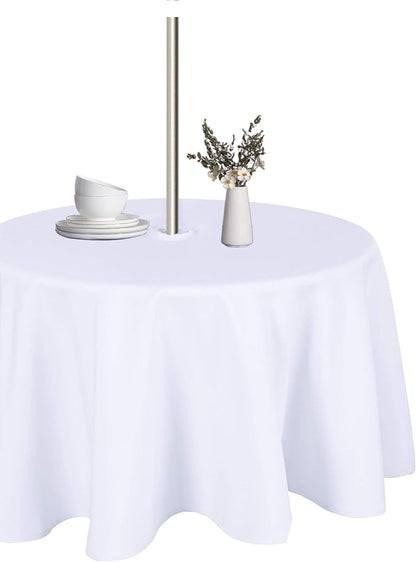LUSHVIDA Round Outdoor Tablecloth with Umbrella Hole and Zipper for Wedding Christmas Gift, 60 Inch White for 20-48 Inch Tables, Washable Waterproof Spill Proof Table Cloth Cover for Patio Picnic