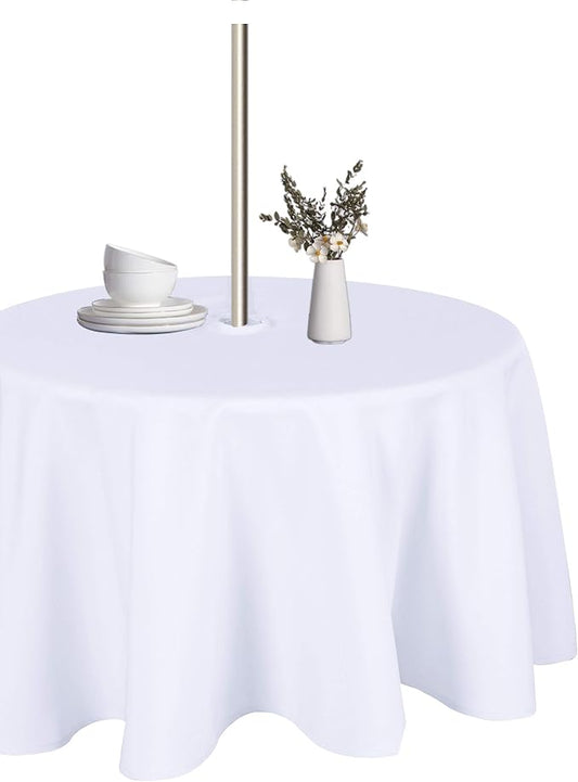 LUSHVIDA Round Outdoor Tablecloth with Umbrella Hole and Zipper, 70 Inch White, Washable Waterproof Table Cloth Spill Proof Wrinkle Free Table Cover for Patio Spring Summer Picnic BBQS