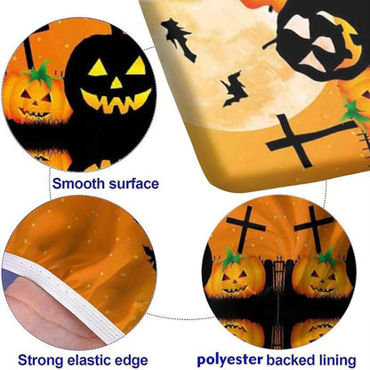Halloween Fitted Tablecloth, Orange Spooky Jack 'o' Lantern and Full Moon Print Picnic Tablecloth and Bench Seats Table Cover, 3 PCS, for Picnic Party Outdoor Patio Use, 28x72 Inch