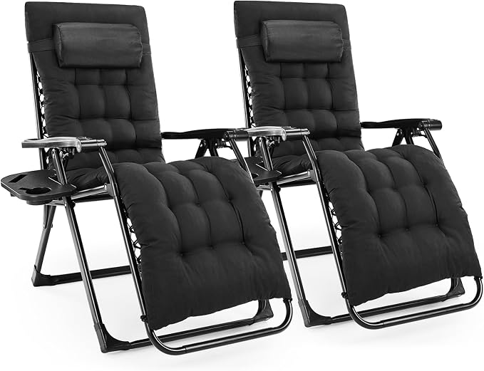 DUMOS Zero Gravity Chairs Set of 2, Lounge Chair Outdoor with Cup Holder | Folding Reclining, Removable Cushion Trays, Beach Camping Patio, Indoor Outside, Black