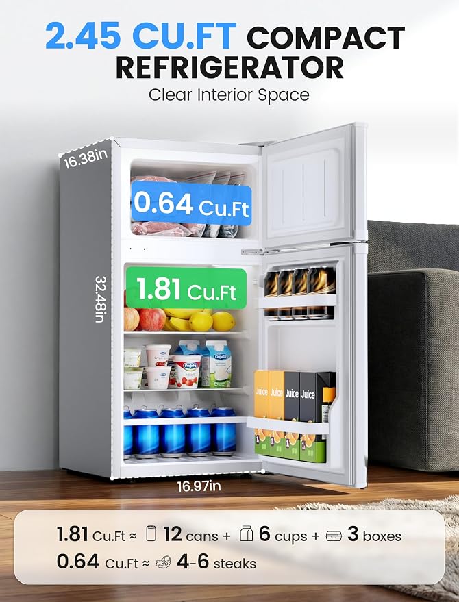 COWSAR 4.5 Cu.Ft Mini Fridge With Freezer, 2-Door Compact Dorm Refrigerator With 2 Removable Shelves, 3 Level Adjustable Thermostat, Commercial Office Fridge for Bedroom, Kitchen, Apartment, White