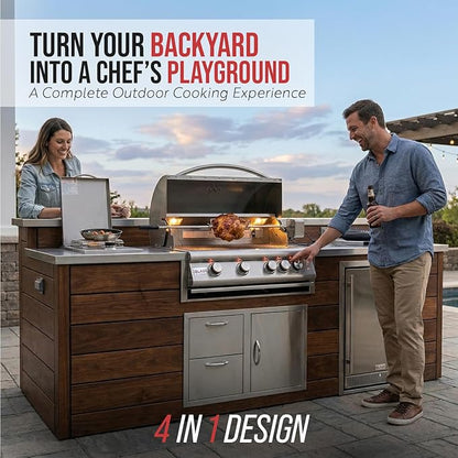 BLAZE BBQ Outdoor Package of 32” LTE Built-in Gas Grill, Gas Dop-In Single Side Burner, 32” Door & Two Drawers Combo, 24” Refrigerator and Accessories (Grill Cover, Fridge Trim, and Rotisserie Kit)