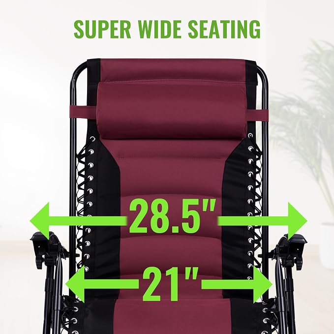 Backyard Expressions Deluxe XL Padded Recliner Zero Gravity Chair – Ergonomic Anti-Gravity Lounger with Folding Design, Side Tray, and Adjustable Headrest