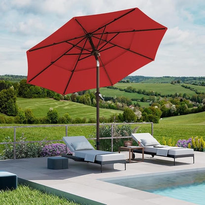 PatioKingdom 9ft 3-Tier Patio Market Umbrella with Crank/Tilt, Commercial Heavy Duty Wind Proof,Outdoor Table Umbrella with 8 Fiberglass Ribs,UPF50+ for Deck,Pool,Garden,Backyard (Red)