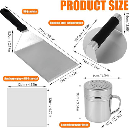 Flattened Burger Press Smash Kit, Includes Stainless Steel Smasher Plate Grill Spatula Seasoning Shaker & Hamburger Patty Papers Griddle Accessories Tools for Flat Top Grill BBQ & Outdoor Cooking