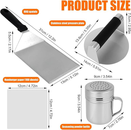 Flattened Burger Press Smash Kit, Includes Stainless Steel Smasher Plate Grill Spatula Seasoning Shaker & Hamburger Patty Papers Griddle Accessories Tools for Flat Top Grill BBQ & Outdoor Cooking